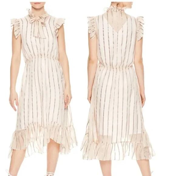 Sandro Cuba To Paris Maki Sheer Overlay Striped Silk Midi Dress Blush Women's 38 - Picture 1 of 13